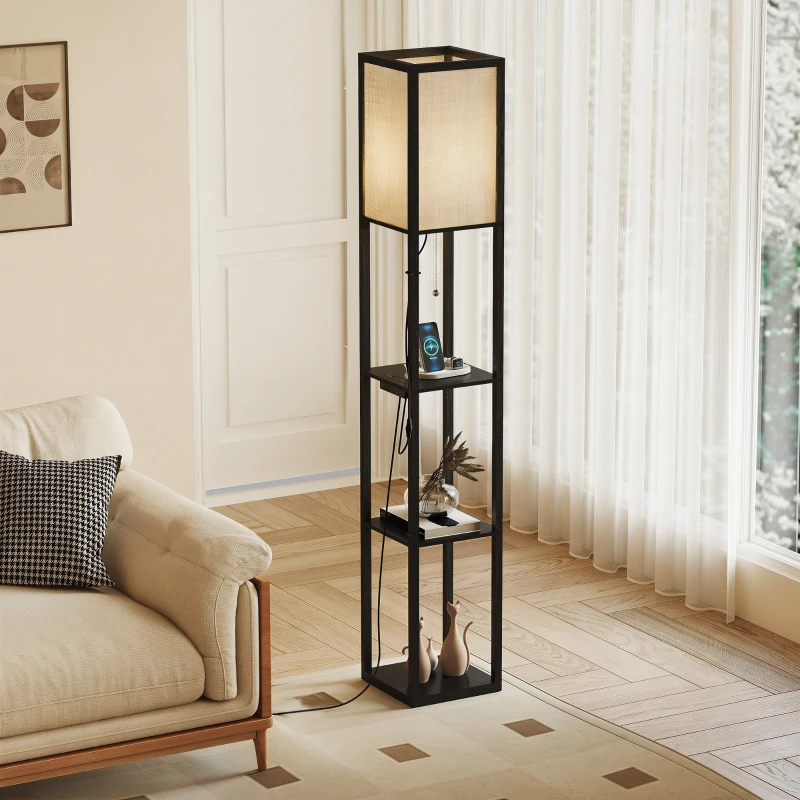 HOMCOM LED vloerlamp met planken, dimbaar, kettingschakelaar & stekkerdoos, zwart