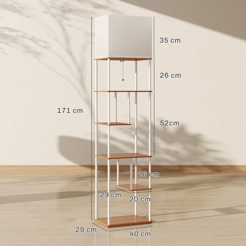 HOMCOM Candeeiro de Pé com Prateleiras Brilho e Temperaturas de Cor Ajustáveis 3000K-6500K e Temporizador 40x29x171 cm Branco e Madeira