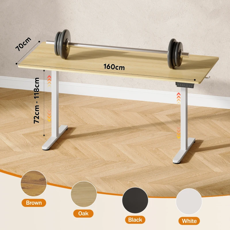 Elektrisch höhenverstellbarer Schreibtisch, Anti‑Kollisionssystem, stufenlos verstellbar, 72–118 cm, 160x70x72-118 cm, Eichenfarbe