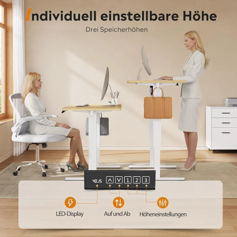 Elektrisch höhenverstellbarer Schreibtisch, leiser Motor mit 3‑fach Memory und Anti‑Kollisionssystem, 120 × 60 cm, 120x60x72-118 cm, Eichenfarbe