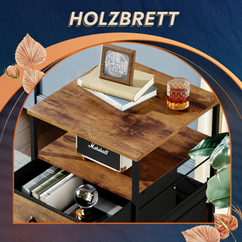 Mobiler Rollcontainer, zwei stoffbezogene Schubladen, platzsparendes Industrie-Design, 39x40x67.5 cm, Braun