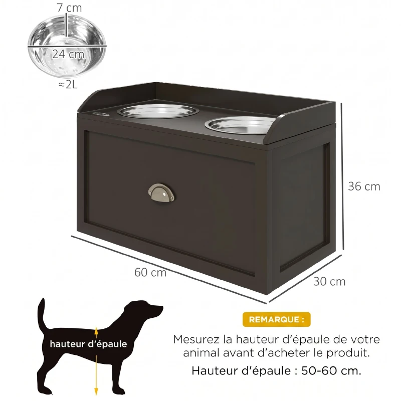 PawHut Gamelles Chiens Surélevées, Porte-Gamelles Surélevé Rangement 2 en 1, Tiroir, 2 Gamelles, 60x30x36cm, Marron Café
