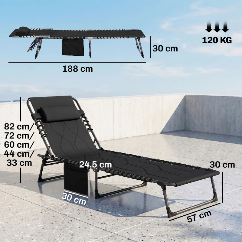 Outsunny opvouwbaar ligbed tuin ligbed met kussen tuin 5-traps verstelbare rugleuning staal Oxford stof zwart 188 x 57 x 30 cm