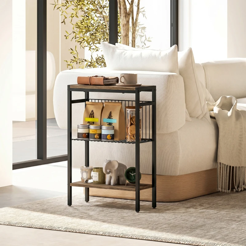 HOMCOM Table d'appoint étroit à 3 niveaux avec étagères de rangement, cadre en acier, pour salon, chambre, 43x18x62,5cm, gris