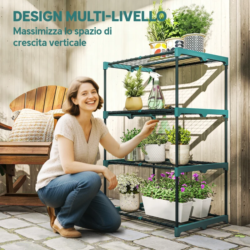 Outsunny Portapiante a 4 Livelli Aperti in Acciaio e Plastica, 67x49x105 cm, Verde Scuro