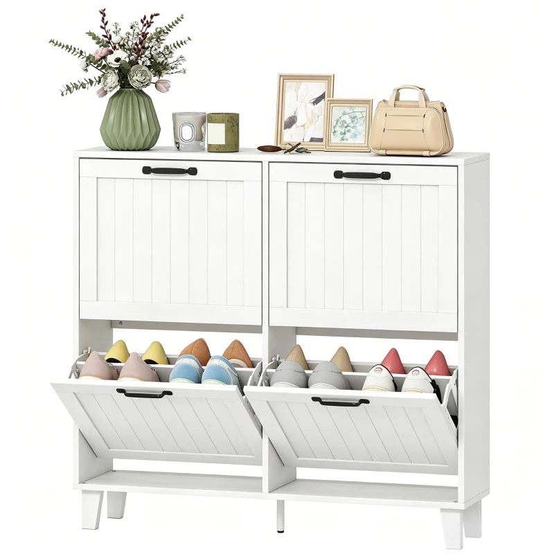 HOMCOM Mueble para Zapatos 4 Cajones Abatibles Ahorraespacio con Estantes Regulables Blanco