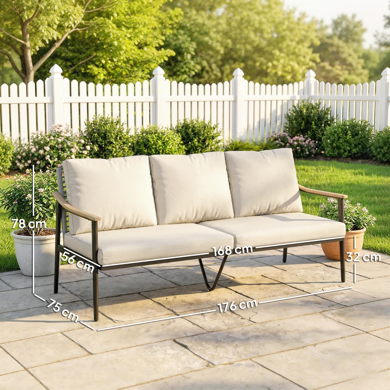 Outsunny Divano da Esterno a 3 Posti  in Rattan con Braccioli Effetto Legno e Schienale, per Veranda, Cortile, Cachi