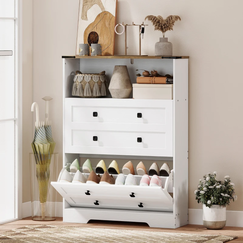 HOMCOM Shoe Cabinet with 2 Flip Drawers, Narrow Shoe Storage Cabinet, White