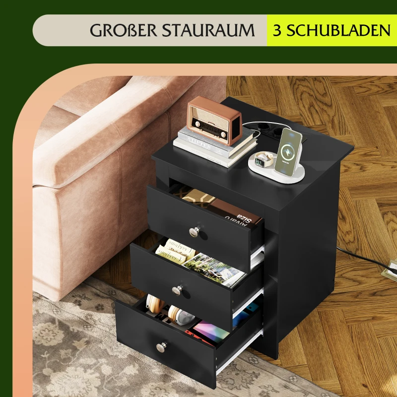 Nachttisch mit 3 Schubladen, integrierte Ladestation, modernes rustikales Design, 46.5x39.6x58.7 cm, Schwarz