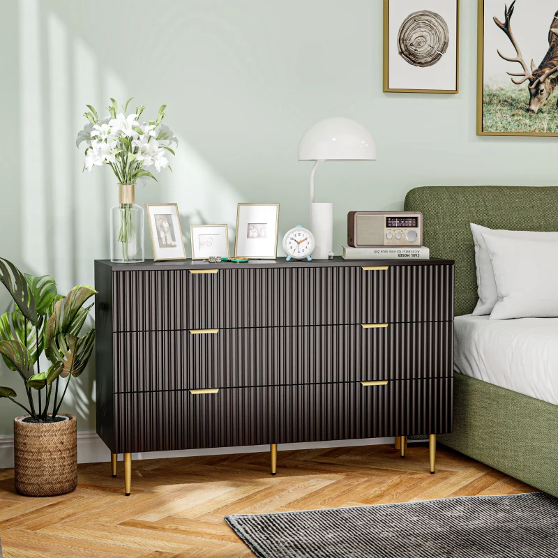 HOMCOM Cassettiera 6 Cassetti Moderna con Maniglie Dorate, 120x40x76.5cm, Nero