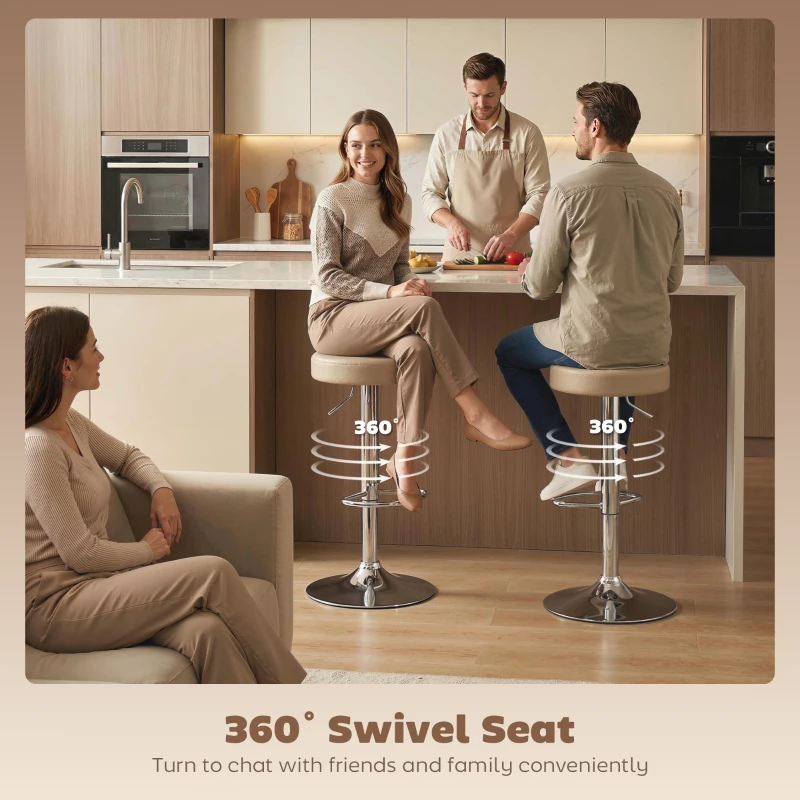 HOMCOM Bar Stools Set of 2, Modern PU Leather Swivel Barstools, Height Adjustable Breakfast Bar Chairs with Footrest, Brown