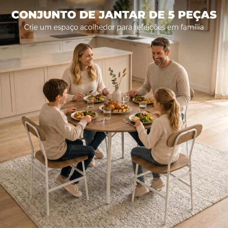 HOMCOM Conjunto de Mesa e 4 Cadeiras de Jantar para Espaços Pequenos, Natural e Branco
