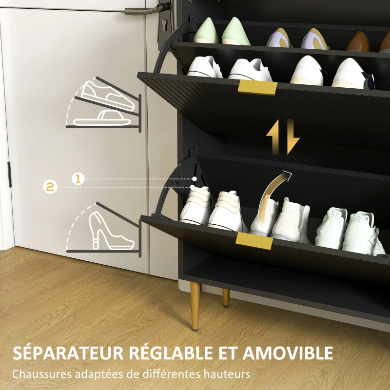HOMCOM Meuble à chaussures 12 paires avec 2 tiroirs rabattables, portes cannelées et étagères réglables, 60x24x91,5cm, noir