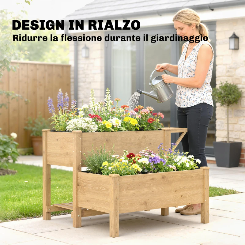 Outsunny Letto per Orto Rialzato a 2 Livelli con Ripiani in Legno, 119.5x102x76.5cm, Marrone
