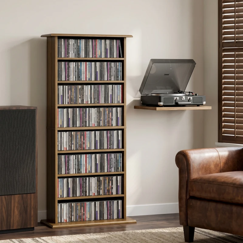 HOMCOM Depozitare pentru CD și DVD cu 8 compartimente și 6 rafturi reglabile, capacitate max. 360 CD/185 DVD și Blu-ray, nuc