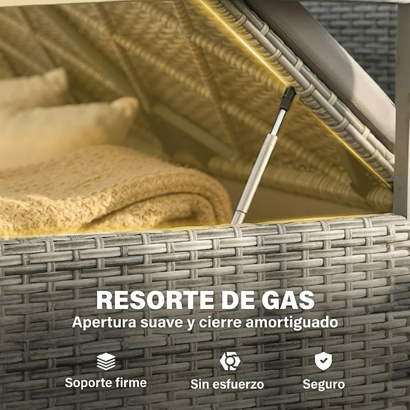 Outsunny Banco de Almacenamiento Exterior de Ratán 170 L con Cojín Lavable Respaldo Reposabrazos de Madera de Acacia Gris Claro
