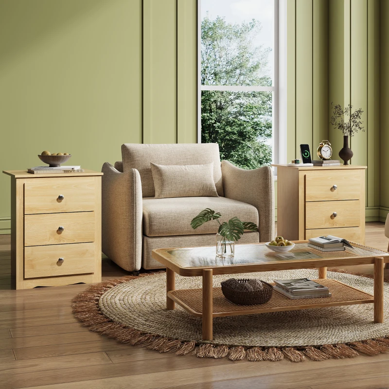 Nachttisch mit 3 Schubladen, integrierte Ladestation, modernes rustikales Design, 46.5x39.6x58.7 cm, Hell-Eiche