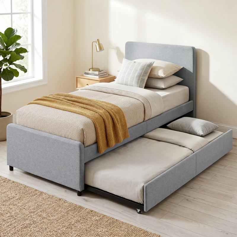 HOMCOM Cama Nido Individual 90x190 cm Estofada em Tecido Efeito Linho com Cabeceira e Estrado Metálico Cinzento Claro