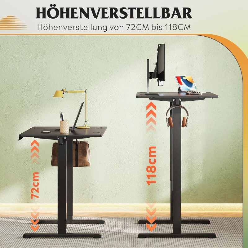 Elektrisch höhenverstellbarer Schreibtisch, 3 speicherbare Höhen für ergonomisches Sitz‑Steh‑Arbeiten, 120×60 cm, 72–118 cm, 120x60x72-118 cm, Schwarz