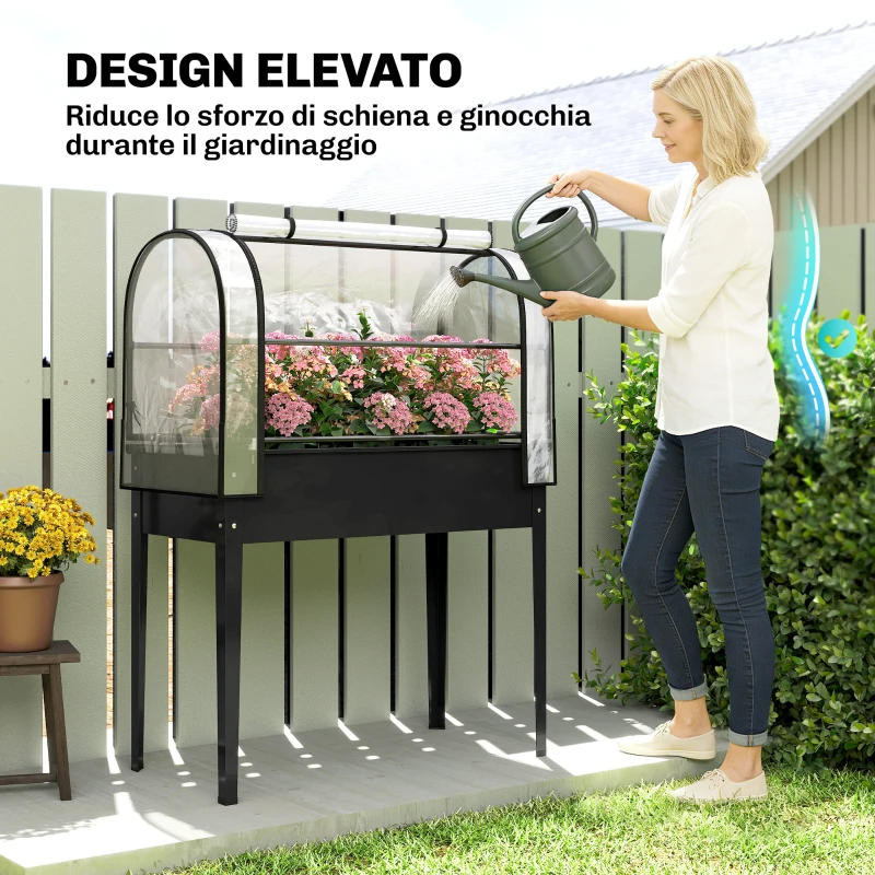 Outsunny Letto per Orto Rialzato con Copertura Mini Serra e Foro di Drenaggio, 100x49x136 cm, Nero