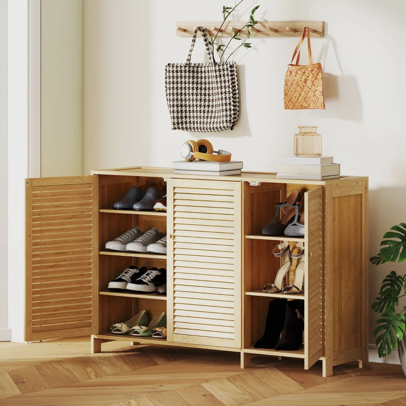 HOMCOM Bamboo Shoe Cabinet with Louvered Doors, 18 Pairs Shoe Storage Cabinet with Adjustable Shelves for Hallway, Natural