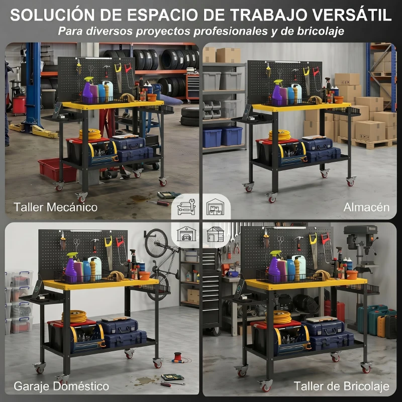 HOMCOM Banco de Trabajo con Panel Perforado Mesa de Trabajo con Enchufes Luz LED Ruedas Marco de Metal Negro y Amarillo