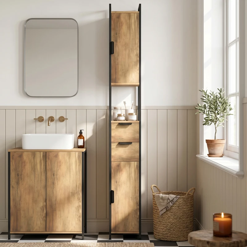 HOMCOM Freestanding Bathroom Cabinet, Tall Bathroom Storage Cabinet with Drawers and Shelves, Linen Storage, Brown