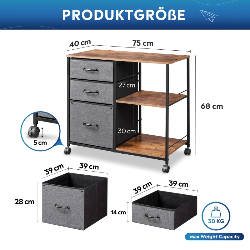 Rollcontainer mit Hängeregister, breite Holzplatte als Druckerunterlage, 4 Rollen (2 feststellbar), 75.5x40x67.5 cm, Braun
