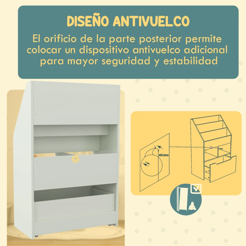 HOMCOM Estantería Infantil de Madera con 3 Compartimentos 2 Cubos y Cajón Móvil con 4 Ruedas 60x29,9x90 cm Verde