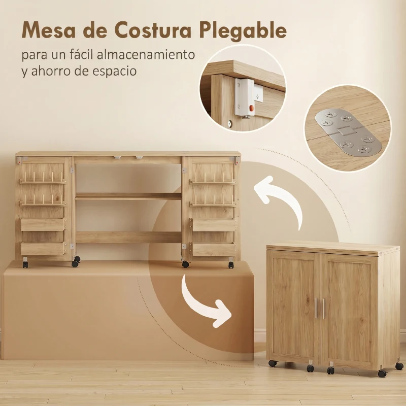 HOMCOM Mesa de Costura Plegable con 6 Ruedas 20 Clavijas para Hilos 4 Compartimentos Estante Roble