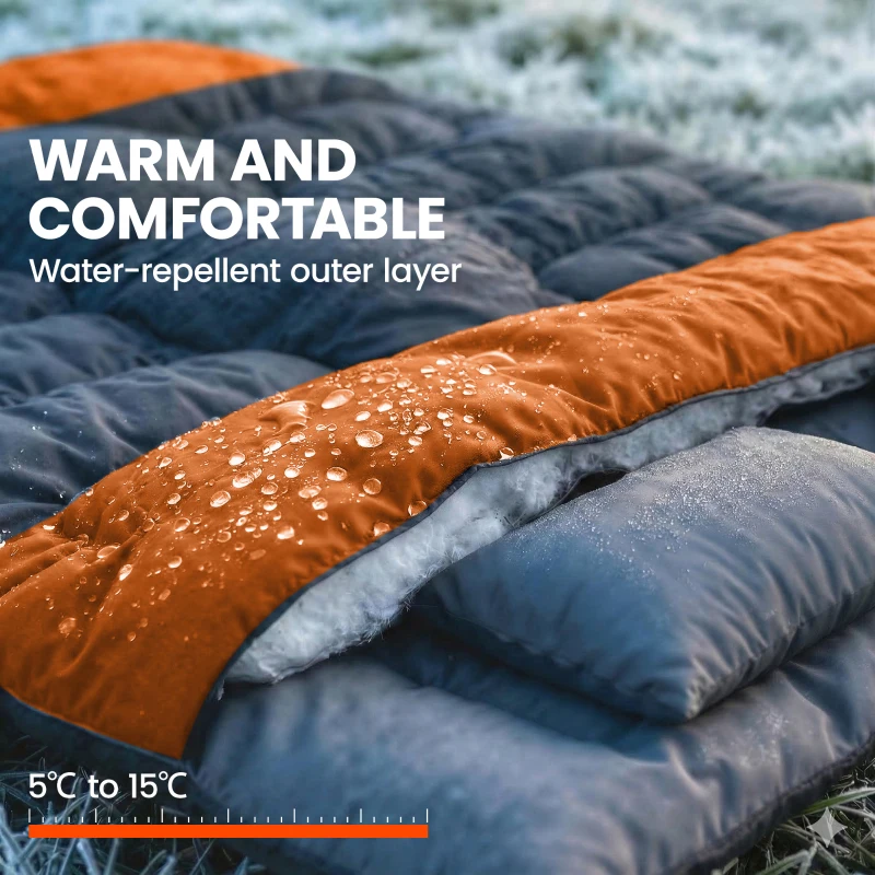 Outsunny Double Sleeping Bag with 2 Pillows, 220 x 160 cm Extra-Large Sleeping Bag for Adults, Grey and Orange
