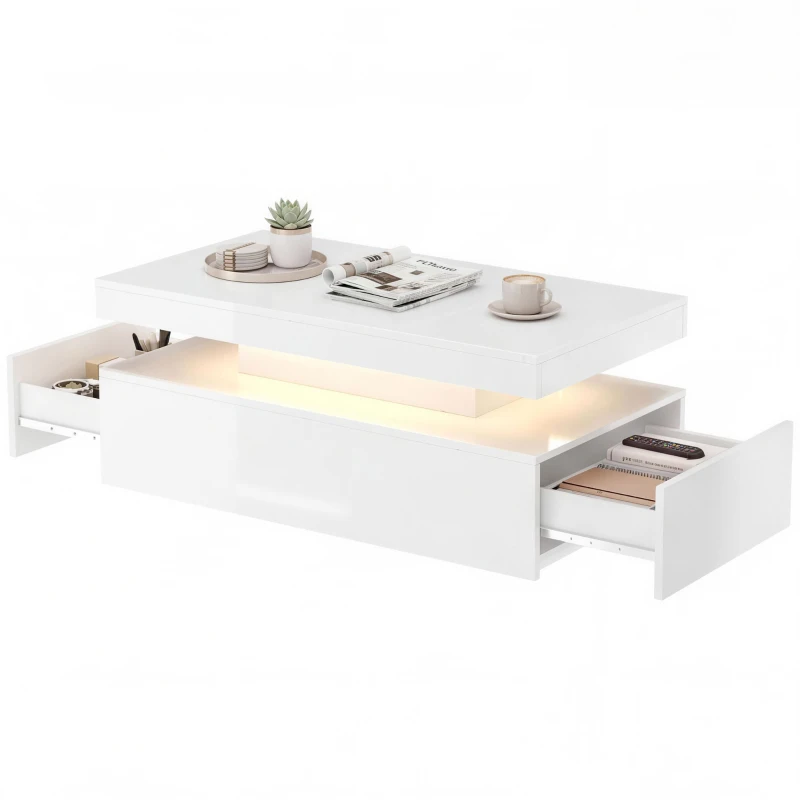 HOMCOM Mesa de Centro LED con Almacenamiento Moderno Mueble de Salón de 2 Niveles con 2 Cajones Blanco Brillo