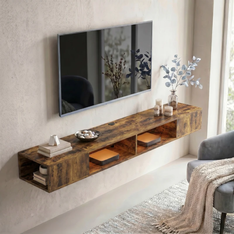 HOMCOM Wall Mounted TV Stand with RGB LED Lights, Floating Entertainment Centre for 75 Inch TV, Rustic Brown
