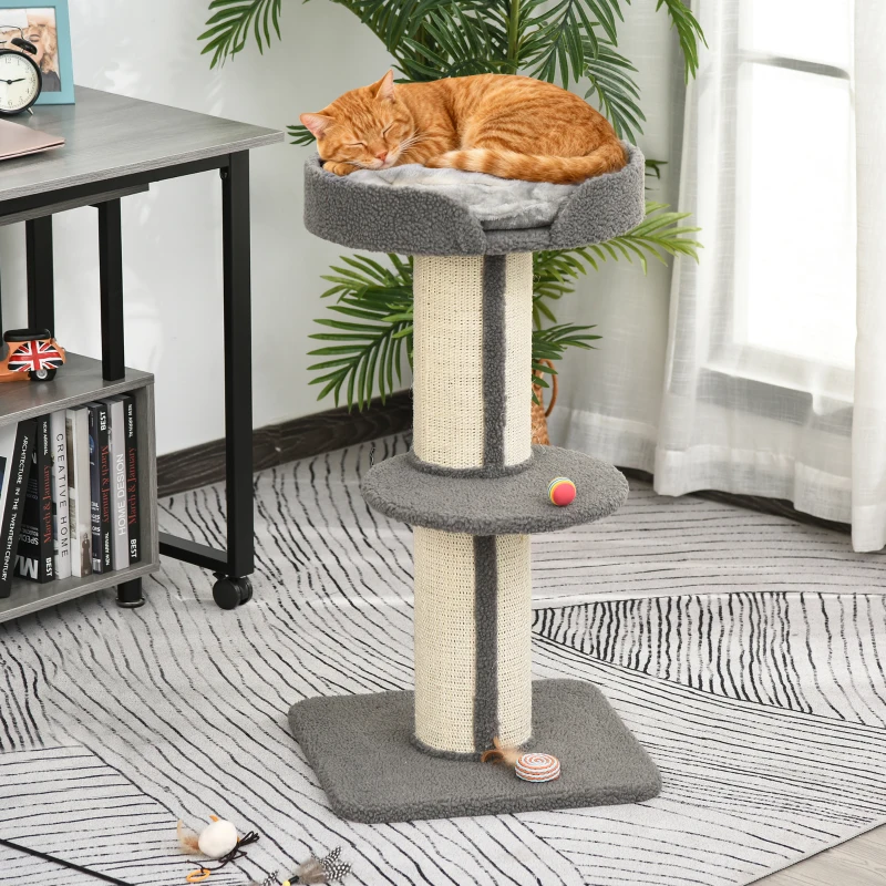 PawHut Árbol para Gatos Altura 91 cm de 3 Niveles con Nido Plataforma y Poste de Sisal 45x45x91 cm Gris