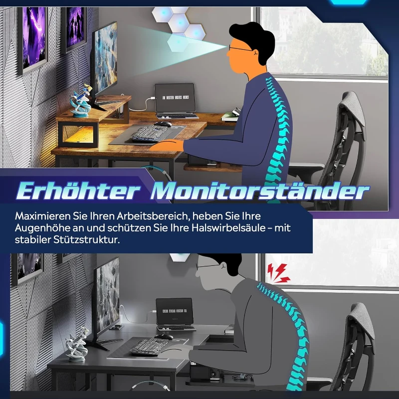 L-förmiger Gaming-Eckschreibtisch, robuste Metall-Holz-Konstruktion, platzsparend, 111x80x87.5 cm, Braun