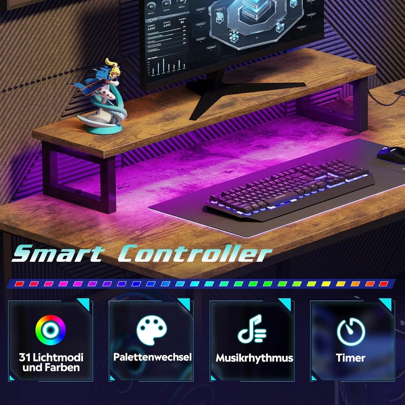 L-förmiger Eckschreibtisch mit RGB-LED, offene Ablagefächer, ergonomischer Monitoraufsatz, 122x80x87.5 cm, Braun