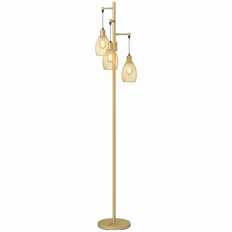 HOMCOM 170.5cm Industrial Dimmable Standing Lamp, 3-Light Floor Lamp with Steel Wire Cage Lampshades, Gold Tone
