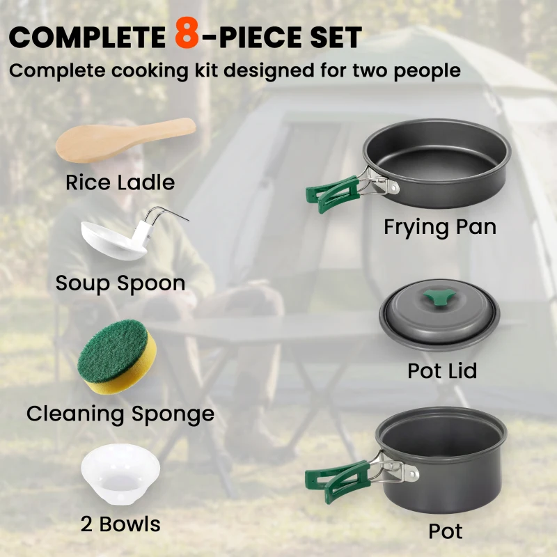Outsunny Camping Cookware Set, 8-Piece Ultralight Camping Cooking Kit with Anti-Scald Handles, Grey
