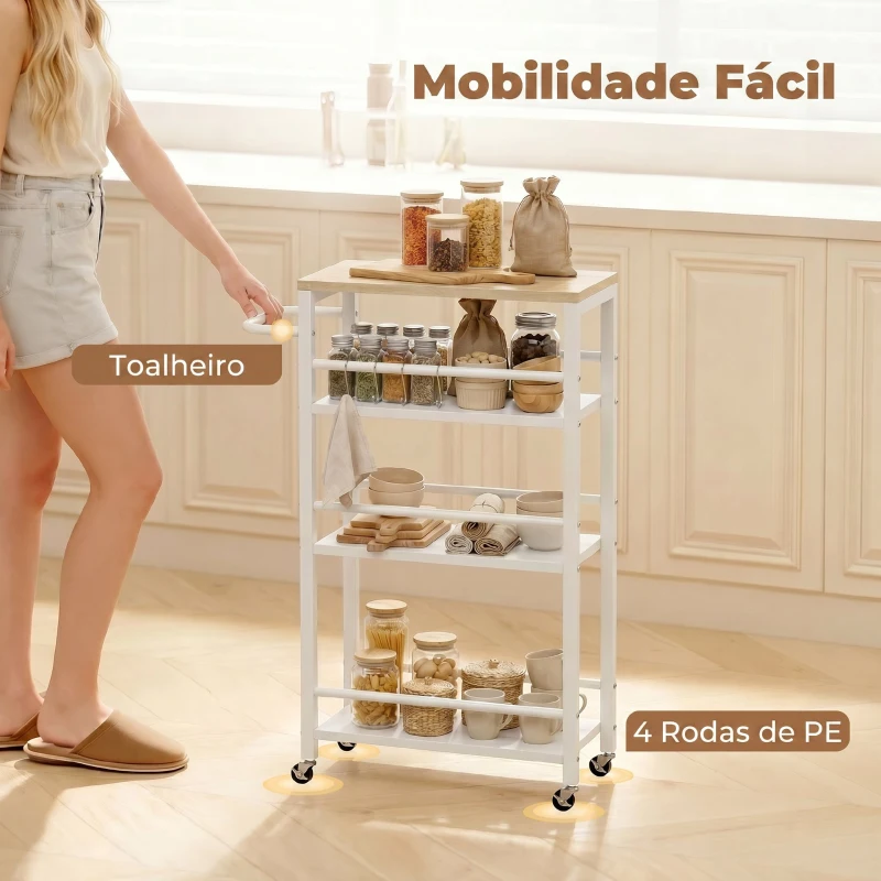 HOMCOM Carrinho Auxiliar com Rodas 4 Níveis Carrinho de Cozinha com Toalheiro e 6 Ganchos para Sala de Jantar 50x20x81 cm Carvalho