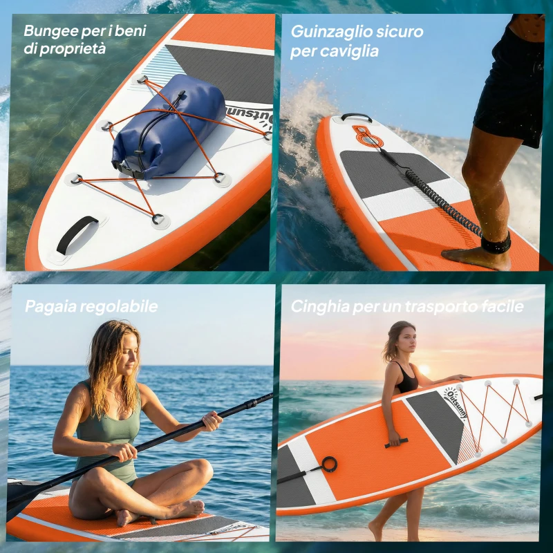 Outsunny Sup Gonfiabile con Sedile, Pagaia e Accessori, in Plastica ed EVA, 320x82x15 cm, Arancione