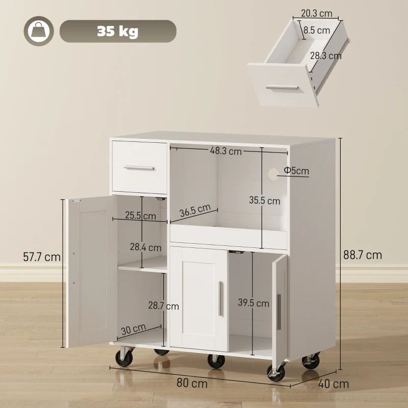HOMCOM Rolling Kitchen Cart, Microwave Cabinet with Sliding Tray, Drawer, 3-Door Cupboards, Adjustable Shelf, White