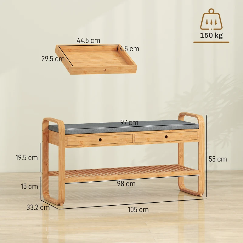 HOMCOM Shoe Bench with 2 Drawers Cushioned Seat Shoe Storage Bench for Hallway 105 cm Natural and Grey