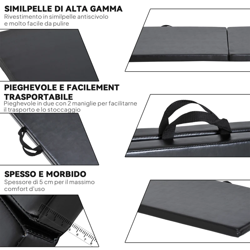 HOMCOM Tappetino da Ginnastica Pieghevole, Materassino Fitness Spesso 5 cm e Antiscivolo, 180x60x5 cm, Nero