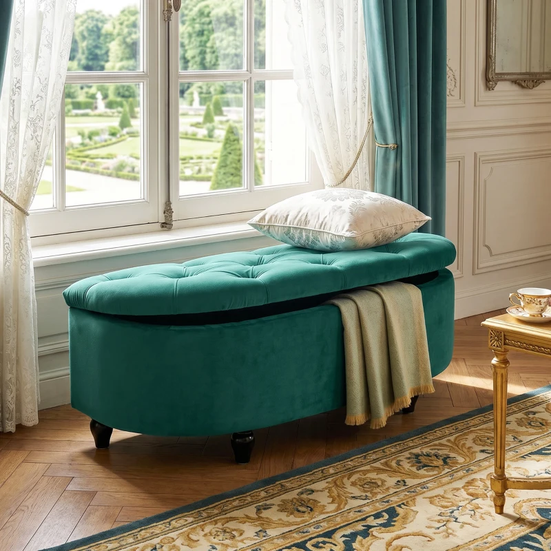 HOMCOM Hocker mit Stauraum, Sitztruhe, gepolstert, soft-close Deckel, Samtoptik, 118 x 45 x 45 cm, Dunkelgrau(m-9)