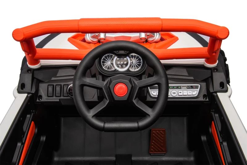 12V Elektro-Kinderfahrzeug 2‑Sitzer, Front-/Heck-Stoßdämpfung und Schaukel-Funktion, 111x70x63 cm, Weiß+Hellorange