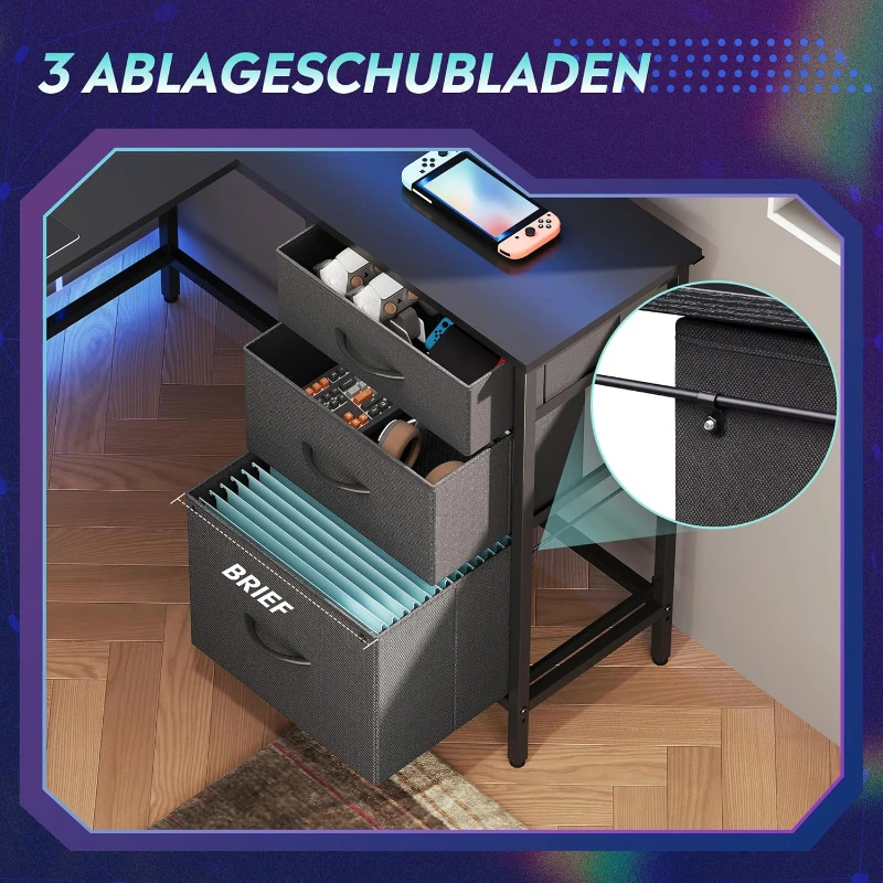 L-förmiger Eckschreibtisch, app‑steuerbare LED und integrierte Stromstation, 167.5x50x87.5 cm, Schwarz
