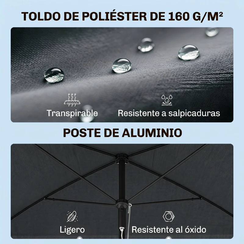 Outsunny Sombrilla de Terraza de Aluminio 2x1,3x2,5 m Parasol de Jardín Rectangular con Función de Inclinación Gris