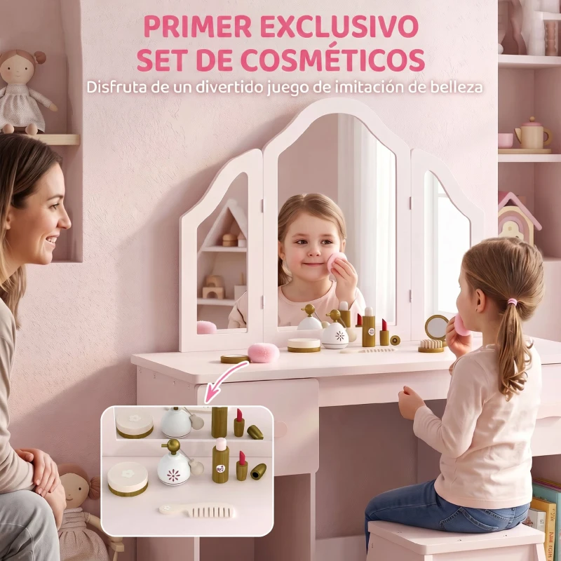 AIYAPLAY Tocador de Maquillaje Niñas con Taburete 3 Espejos Desmontables 2 Cajones 2 Armarios 7 Accesorios para +3 Años Rosa