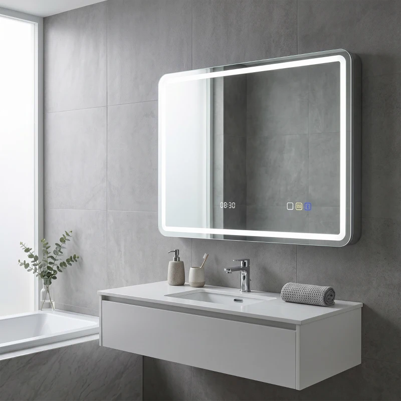 HOMCOM 60 x 80 cm Bluetooth LED Bathroom Mirror with Clock Anti-Fog - Silver Tone