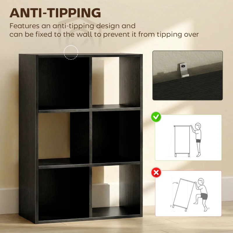 HOMCOM Industrial Style Storage Shelf, Bookcase, Bookshelf with 6 Compartments, for Living Room, Home Study, Black Wood Effect
